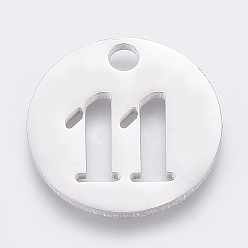 Number 304 Stainless Steel Pendants, Cut-Out, Hollow, Flat Round with Number, Stainless Steel Color, Num.11, 19x1.5mm, Hole: 2.5mm