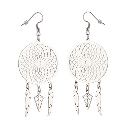 Stainless Steel Color 304 Stainless Steel Woven Net with Feather Dangle Earrings for Women, Stainless Steel Color, 85mm, Pin: 0.7mm