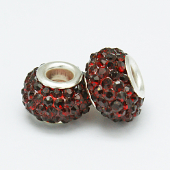 Siam Qualité perles Européennes strass, Perles avec un grand trou   , résine, avec noyau en laiton plaqué couleur argent, rondelle, rouge, 15x10mm, Trou: 5mm