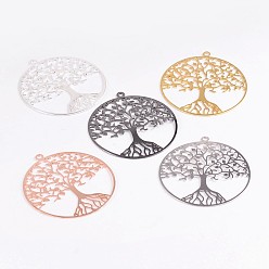 Mixed Color Filigree Tree of Life Brass Pendants, Mixed Color, 39x36x0.6mm, Hole: 2mm