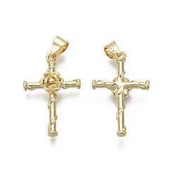 Real 18K Gold Plated Brass Pendants, Cross with Rose, Nickel Free, Real 18K Gold Plated, 24x15x3.5mm, Hole: 3x4mm