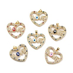 Mixed Color Rack Plating Brass Micro Pave Clear Cubic Zirconia Pendants, with Enamel, Cadmium Free & Lead Free, Heart with Evil Eye & Word Love, Real 18K Gold Plated, Mixed Color, 24.5x27x3.8mm, Hole: 3.3x3.7mm