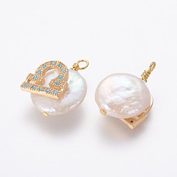 Libra Natural Cultured Freshwater Pearl Pendants, with Brass Micro Pave Cubic Zirconia Findings, Nuggets with Constellation, Golden, Deep Sky Blue, Libra, 17~22x11~16x5~11mm, Hole: 1.6mm