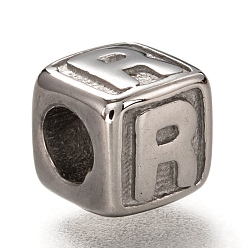 Letter R 304 Stainless Steel European Beads, Large Hole Beads, Horizontal Hole, Cube with Letter, Stainless Steel Color, Letter.R, 8x8x8mm, Hole: 4.5mm