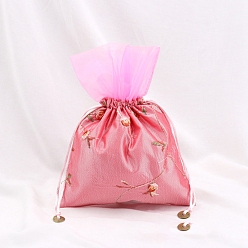 Rosa Caliente Bolsas de flores con bordado de seda, bolsa con cordón, Rectángulo, color de rosa caliente, 25x16 cm
