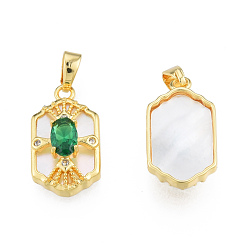 Green Brass Micro Pave Clear Cubic Zirconia Pendants, with Shell and Glass, Real 18K Gold Plated, Nickel Free, Hexagon, Green, 18x10x5.5mm, Hole: 2.5x4mm