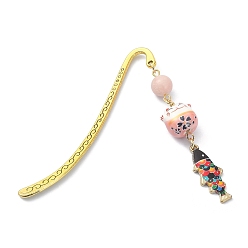Pink Opal Japanese Style Maneki-neko Bookmark, Lucky Cat & Fish Pendant Bookmark with Natural Round Pink Opal, Alloy Hook Bookmarks, 84mm
