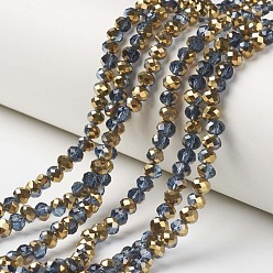 Bleu Acier Plaquent verre transparent perles brins, la moitié plaqué or, facette, rondelle, bleu acier, 3x2mm, Trou: 0.8mm, Environ 150~155 pcs/chapelet, 15~16 pouce (38~40 cm)
