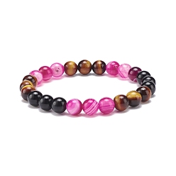 Deep Pink Natural Agate & Tiger Eye & Black Onyx Round Beaded Stretch Bracelet, Gemstone Jewelry for Women, Deep Pink, Inner Diameter: 2-1/8 inch(5.4cm)