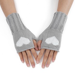 Dark Gray Acrylic Fiber Yarn Knitting Fingerless Gloves, Two Tone Heart Pattern Winter Warm Gloves with Thumb Hole, Dark Gray, 200x85mm
