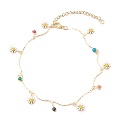 Golden Brass Enamel Charm Anklets, with 304 Stainless Steel Lobster Claw Clasps, Flower, Colorful, Golden, 9-1/8 inch(23cm)