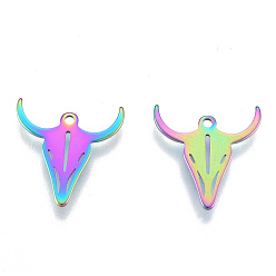Rainbow Color Ion Plating(IP) 201 Stainless Steel Charms, Cattle Head, Rainbow Color, 14.5x14x1mm, Hole: 1.2mm