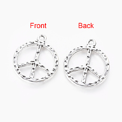 Antique Silver Hammered Tibetan Style Alloy Peace Sign Pendants, Cadmium Free & Nickel Free & Lead Free, Antique Silver, 23x2mm, Hole: 2mm