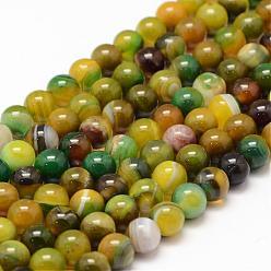 Yellow Green Natural Striped Agate/Banded Agate Bead Strands, Round, Grade A, Dyed & Heated, Yellow Green, 4mm, Hole: 1mm, about 95pcs/strand, 14.5 inch