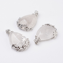 Quartz Crystal Valentine Gifts Idea for Guys Natural Quartz Crystal Pendants, Rock Crystal Pendants, with Brass Findings, Drop, Platinum, 38~41x26x8mm, Hole: 5x4mm