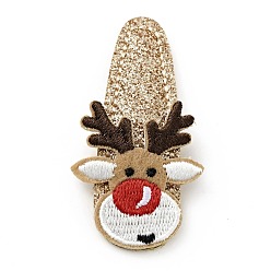 Tan Christmas Deer Glitter Gretel Fabric with PU leather Snap Hair Clips, with Iron Clips, Hair Accessorise for Girls, Tan, 56x30x4mm