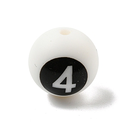 Blanc Rond avec chiffre noir 4 perles en silicone, perles à mâcher pour les jouets de dentition, Diy soins infirmiers colliers faisant, blanc, 14.5~15x14.5mm, Trou: 2mm