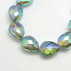Dark Sea Green Electroplate Crystal Glass Teardrop Beads Strands, Faceted, Rainbow Color Plated, Dark Sea Green, 18x13x9mm, Hole: 1mm, about 40pcs/strand, 28.3 inch