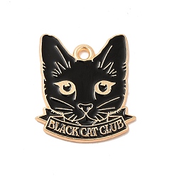 Negro Colgantes de la aleación del esmalte, la luz de oro, colgante de gato con palabra black cat club, negro, 24x21x1.5 mm, agujero: 2 mm