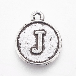 Letter J Tibetan Style Alloy Charms, Flat Round with Letter, Antique Silver, Letter.C, 15x12.5x2mm, Hole: 1.5mm