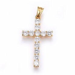Golden 304 Stainless Steel Pendants, with Cubic Zirconia, Cross, Clear, Golden, 38x22x4mm, Hole: 5x7mm