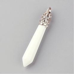 White Jade Natural White Jade Big Pendants, with Alloy Findings, Platinum, 60~70x11x11mm, Hole: 4mm