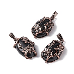 Obsidian Natural Obsidian Pendants, with Red Copper Tone Brass Findings, Cadmium Free & Lead Free, Oval with Flower Charm, 33x20x9mm, Hole: 5x8mm