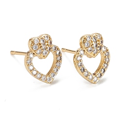 Real 18K Gold Plated Heart Sparkling Cubic Zirconia Stud Earrings for Girl Women, Lead Free & Nickel Free & Cadmium Free, Brass Micro Pave Cubic Zirconia Earrings, Real 18K Gold Plated, 11x9mm, Pin: 0.7mm