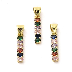 Colorful Rack Plating Real 18K Gold Plated Brass Pendants, with Cubic Zirconia, Long-Lasting Plated, Lead Free & Cadmium Free, Rectangle, Colorful, 15.5x3x2.5mm, Hole: 5x3.5mm