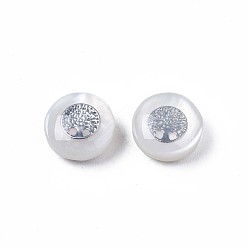 Platinum Natural Freshwater Shell Beads, with Brass Metal Embellishments, Flat Round with Tree, Platinum, 8x4~5mm, Hole: 0.6mm
