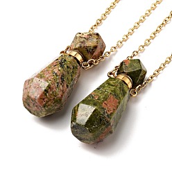 Unakite Openable Faceted Natural Unakite Perfume Bottle Pendant Necklaces for Women, 304 Stainless Steel Cable Chain Necklaces, Golden, 18.74 inch(47.6cm)