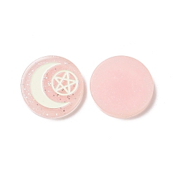 Pink Resin Cabochons, with Glitter Powder, Flat Round with Moon & Pentagram Pattern, Pink, 29x5.5mm