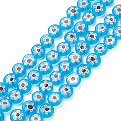 Azul Cielo Vidrio millefiori artesanal planas hebras de perlas redondas, diseño de una sola flor, luz azul cielo, 8x4 mm, agujero: 1 mm, sobre 53 unidades / cadena, 14.7 pulgada
