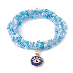 Evil Eye Bracelet multi-brins de perles de graines de verre, bracelet extensible à breloques en alliage d'émail, mauvais œil, 1-7/8 pouce (4.7 cm), pendentif: 19x16x2 mm