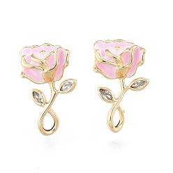 Pearl Pink Brass Clear Cubic Zirconia Stud Earring Findings, with Enamel and Horizontal Loops, Flower, Golden, Cadmium Free & Nickel Free & Lead Free, Pearl Pink, 16.5x11mm, Hole: 2x3mm, Pin: 0.7mm