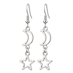 Platinum Moon & Star Hollow Alloy Dangle Earrings for Women, Platinum, 50x12mm
