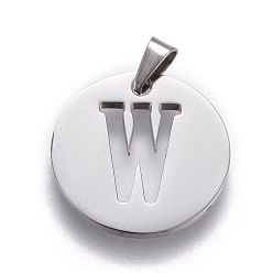 Letter W 201 Stainless Steel Pendants, Flat Round with Letter, Stainless Steel Color, Letter.W, 24.5x19.7x1.3mm, Hole: 4x3mm