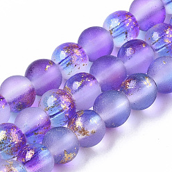Blue Violet Frosted Spray Painted Glass Beads Strands, with Golden Foil, Round, Blue Violet, 4~5mm, Hole: 0.9~1.2mm, about 95~103pcs/Strand, 13.78 inch~14.88 inch(35~37.8cm)
