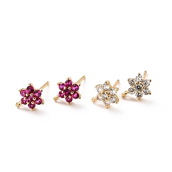 Mixed Color Brass Micro Pave Cubic Zirconia Stud Earrings Findings, Cadmium Free & Lead Free, Flower with Loop, Real 18K Gold Plated, Mixed Color, 9.5x6.5x3mm, Hole: 0.8mm, Pin: 0.9mm