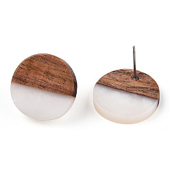 Wheat Resin & Walnut Wood Flat Round Stud Earrings with 304 Stainless Steel Pin for Women, Wheat, 18mm, Pin: 0.7mm