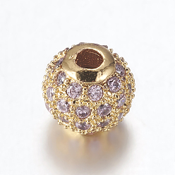 Plum Brass Micro Pave Cubic Zirconia Beads, Round, Golden, Plum, 8mm, Hole: 1.5mm