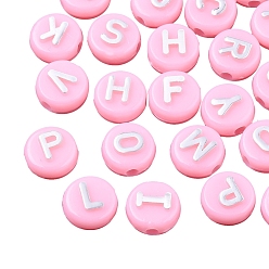 Pearl Pink Plating Opaque Acrylic Beads, Metal Enlaced, Flat Round with Letter, Pearl Pink, 10x6mm, Hole: 1.8mm, about 632pcs/200g