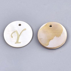 Letter Y Natural Freshwater Shell Pendants, with Golden Plated Brass Etched Metal Embellishments, Flat Round with Letter, Letter.Y, 15x2mm, Hole: 1.2mm