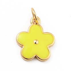 Yellow Rack Plating Brass Enamel Charms, with Jump Rings, Cadmium Free & Lead Free, Real 18K Gold Plated, Flower, Yellow, 14.5x12x1.3mm, Hole: 3.3mm