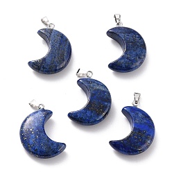Lapis Lazuli Natural Lapis Lazuli Pendants, with Platinum Brass Loops, Moon, 29x18~21x7~10mm, Hole: 6x3mm