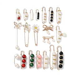 Mixed Color 20Pcs Acrylic Pearl Beaded Safety Pin Brooches, Rhinestone Flower & Butterfly & Bowknot Lapel Pin Badges, Golden Alloy Sweater Shawl Clips for Women, Mixed Color, 29~85mm, 1Pc/style