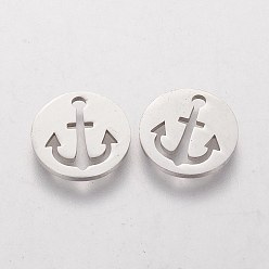 Stainless Steel Color 201 Stainless Steel Charms, Flat Round with Anchor, Stainless Steel Color, 12x1mm, Hole: 1.5mm