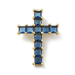 Marine Blue Rack Plating Brass Pendant, with Glass, Lead Free & Cadmium Free, Cross Charms, Real 18K Gold Plated, Marine Blue, 31.5x23x4~7.5mm, Hole: 5x2.5mm