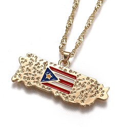 Golden Alloy Enamel Pendant Necklaces, with Singapore Chains, Water Wave Chains, Puerto Rico Map, Red, Golden, 16.5 inch(42cm)