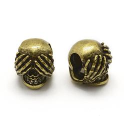 Antique Golden Brass Micro Pave Grade AAA Cubic Zirconia Beads, Cadmium Free & Nickel Free & Lead Free, Skull, Antique Golden Plated, 10x9.5x10mm, Hole: 3x6mm